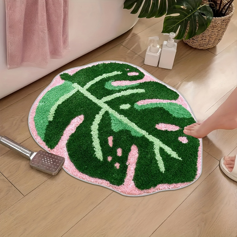 Zara Home Bathroom Mat - VIKAMA Rosa Plüschteppich mit tropischen Blättern,